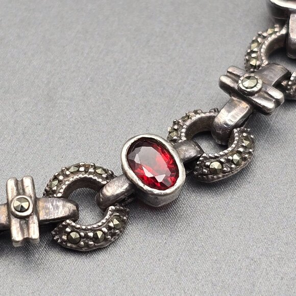 VTG Sterling Silver Garnet & Marcasite Link Bracelet 7.5" RF Hallmark Box Clasp - Picture 1 of 14